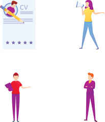 Professional recruitment icons set cartoon vector. Recruitment specialist, cv doc. Personnel selection, employment
