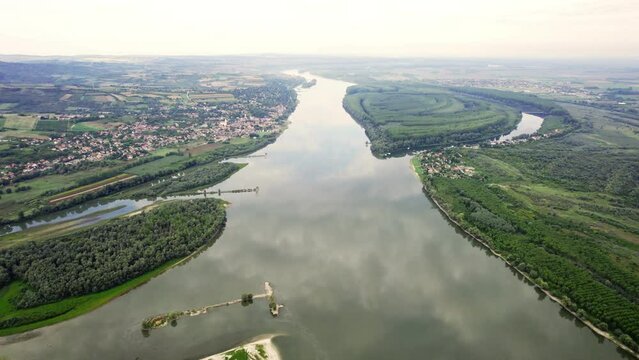Aerial view of of Danube river, islands in it and land surrounding it