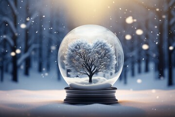 A heart-shaped snow globe with a winter scene on a silver background. frosty