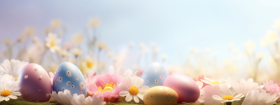 Easter eggs and flowers with empty space for text or saying