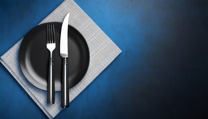 Plate, knife and fork on napkin cloth and blue background 