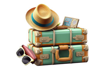 icon leisure object creative beach triple ticket tropical destination tour 3d illustration suitcase sun glasses h camera travel concept minimal style isolated white transparent background
