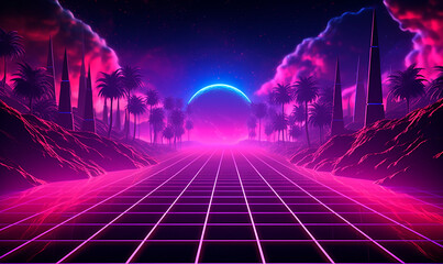 Neon glowing synthwave road background. Cyber 3d night with purple clouds and obelisks along road and straight mesh highway going to moon on horizon in 80s vaporwave design - obrazy, fototapety, plakaty