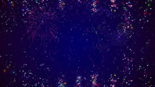 Xmas backgroubd fireworks, snow, garlands shining sparkling .Blue. New Year Eve. Merry Christmas and Happy New Year template.