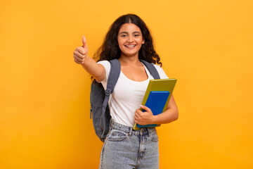 Cheerful young indian woman student showing thumb up
