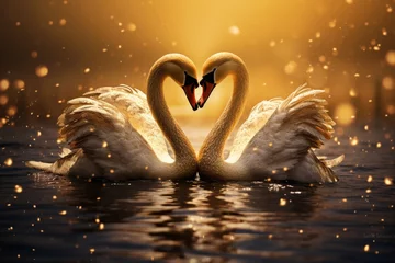 Gartenposter A pair of swans forming a heart shape on a golden background. forever © Riffat