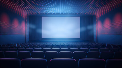 Naklejka premium Cinema interior with seats and white screen. Movie theater room with chairs