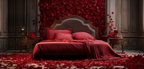 A bed covered in crimson rose petals evoking a sense of passion and romance.