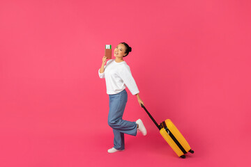 Travelling Concept. Portrait Of Happy Young Asian Woman With Suitcase And Passport