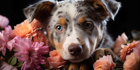 Australian Shepherd puppy surrounded by flowers