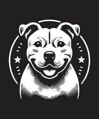 English Staffordshire Bull Terrier. Staffy dog. Beautiful logo, icon, label. in realistic engraving style. Black and white color