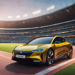 Naklejka premium Sports Arena Showcasing an electric vehicle parked outside a sports stadium or arena