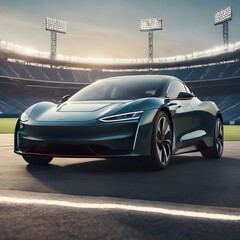 Naklejka premium Sports Arena Showcasing an electric vehicle parked outside a sports stadium or arena