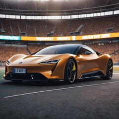 Obraz premium Sports Arena Showcasing an electric vehicle parked outside a sports stadium or arena