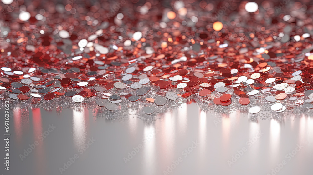Poster Abstract shiny background with red glitter. Scattered confetti sparkles with red color