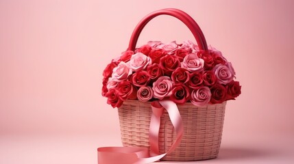 Elegance in pink and red: woven basket filled with a bouquet of soft rose tones, concept Valentine's Day.