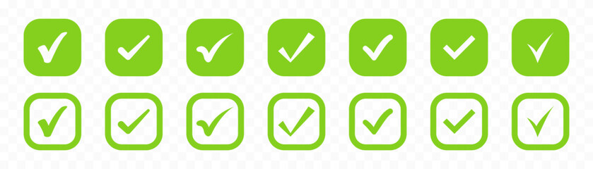 Green check mark and red cross icon set. Circle and square. Tick symbol in green color, vector illustration.