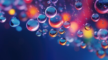 Background with volumetric drops of mirror liquid. Multi-colored play of shades, blue background. Objects floating in the air, lack of gravity, physical and chemical phenomena.