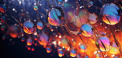 Background with volumetric drops of mirror liquid. Multi-colored play of shades, blue background. Objects floating in the air, lack of gravity, physical and chemical phenomena.