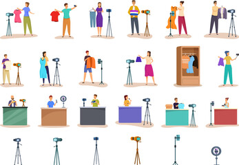 Fashion vlogger icons set cartoon vector. Live streaming blog. Video mobile