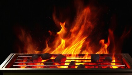 Empty hot flaming charcoal barbecue grill with bright fame