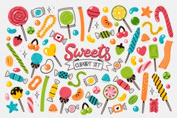 Fotobehang Candies, lollipops and gummies isolated on transparent background. Colorful sweets elements. Hand-drawn clip arts. Vector Illustration. © insemar
