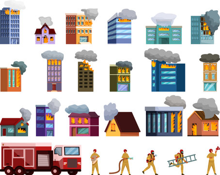 Burning building icons set cartoon vector. Fire house. Stair hose flame