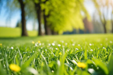 Beautiful blurred background image of spring nature with lawn surrounded by trees