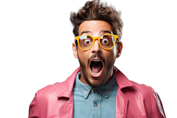 cool honed model joy happy success yes portrait adult male photogenic hispanic boy Young handsome man wearing sunglasses isolated background afraid shocked surprise expression fear excited face