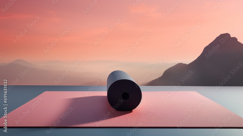 Wall mural  a yoga mat with a rolled up roll on top of it in front of a pink sky with a mountain range in the backgrouch of the photo.