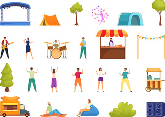 Outdoor public party performance icons set cartoon vector. Festival rock. Pop band stage