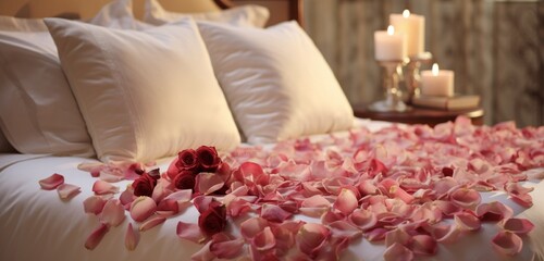 Fototapeta na wymiar A bed covered in soft, velvety rose petals in a charming and elegant arrangement.