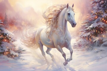 Obraz na płótnie Canvas a white horse running in the snow, fantasy art, glowing flowing hair, 