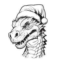 Cute little dragon. Coloring book for children. Baby Dragon wearing a Santa hat. Cartoon vector winter character illustration.