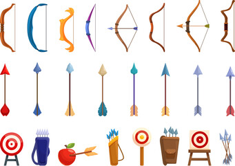 Archery shoot weapon icons set cartoon vector. Arrow game. Wood stone sport - obrazy, fototapety, plakaty