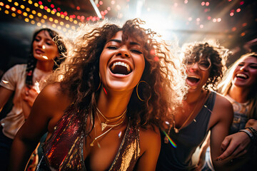 Young happy woman dancing in a nightclub with her friends