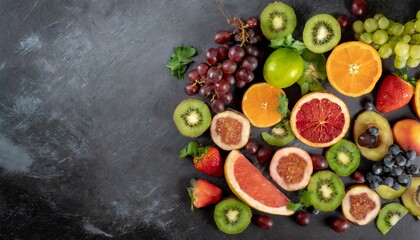 Collection of fresh fruit and vegetable slices, text space