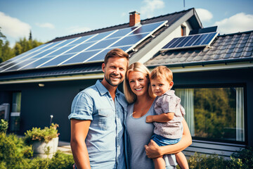 Portrait of a happy family in the garden of their house equipped with solar panels - obrazy, fototapety, plakaty
