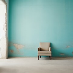  a chair sitting in front of a blue wall in a room with peeling paint on the walls and a chair in front of the wall in the middle of the room.