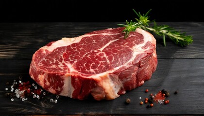 Fresh raw rib eye steaks isolated on black wooden background. Rustic style.