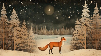  a painting of a red fox standing in a snowy forest with a full moon in the sky above the trees and snow falling on the ground and snow on the ground.