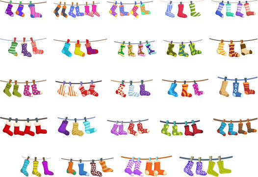 Clothesline sock icons set cartoon vector. Drying hanging. Pair rope fiber