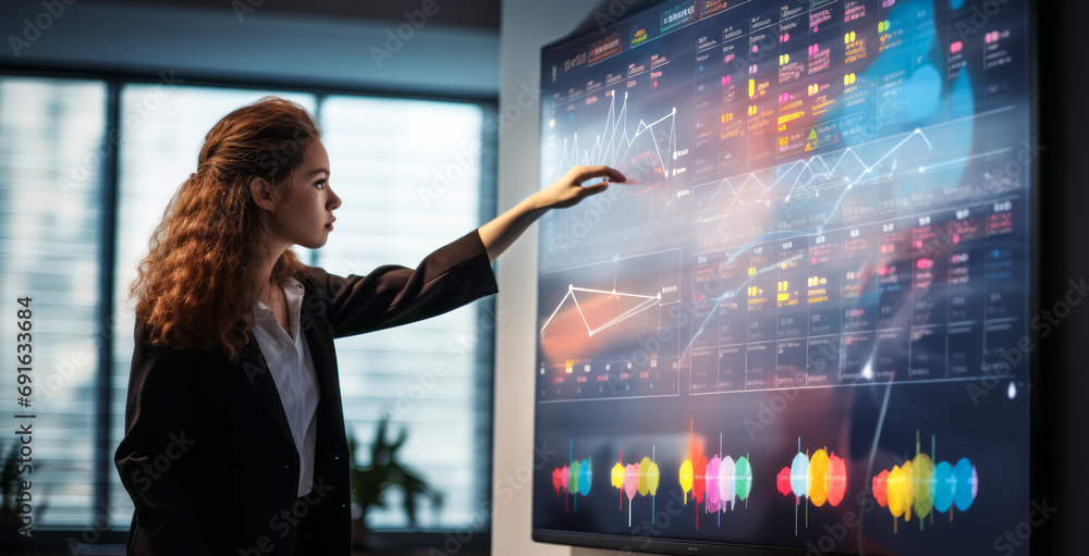 Poster senior data scientist engaged in presenting risk management strategies using interactive digital dis