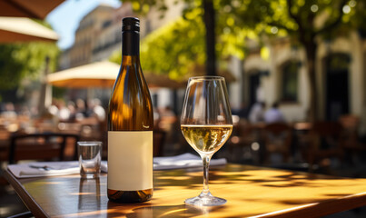 Elegant White Wine Glass and Bottle on Outdoor Cafe Table in Sunny European Street, with Blurred Background of Busy Bistro Terrace and Trees