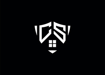 Real estate letter CS shield shape logo and house building vector template