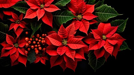 Christmas red poinsettia flowers with berries on black background