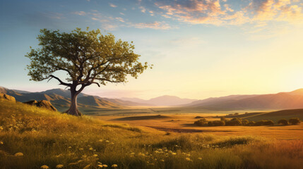 Fototapeta na wymiar tranquil scene of the rolling plains and low mountains of Cordoba, Argentina, during sunrise
