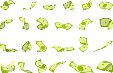 Fly banknote icons set cartoon vector. American float finance. Dollar cash - obrazy, fototapety, plakaty