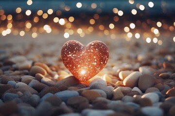 Shimmering pebbles creating a heart shape on a sandy beach background. Background. - obrazy, fototapety, plakaty