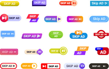 Skip ad icons set cartoon vector. Apply cursor continue. Refusal join